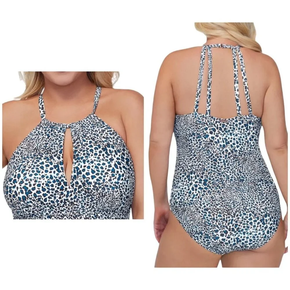 Raisins Plus Size 16W White Animal Print Stretch High Neck Keyhole Full Coverage